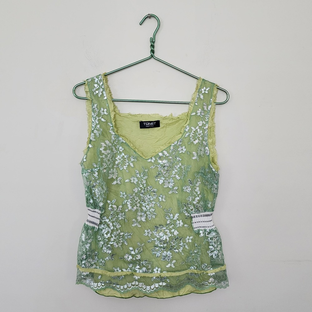 Tonet Italy Green Floral Metallic Lace V-Neck Sleeveless Top Ribbed Waist Detail